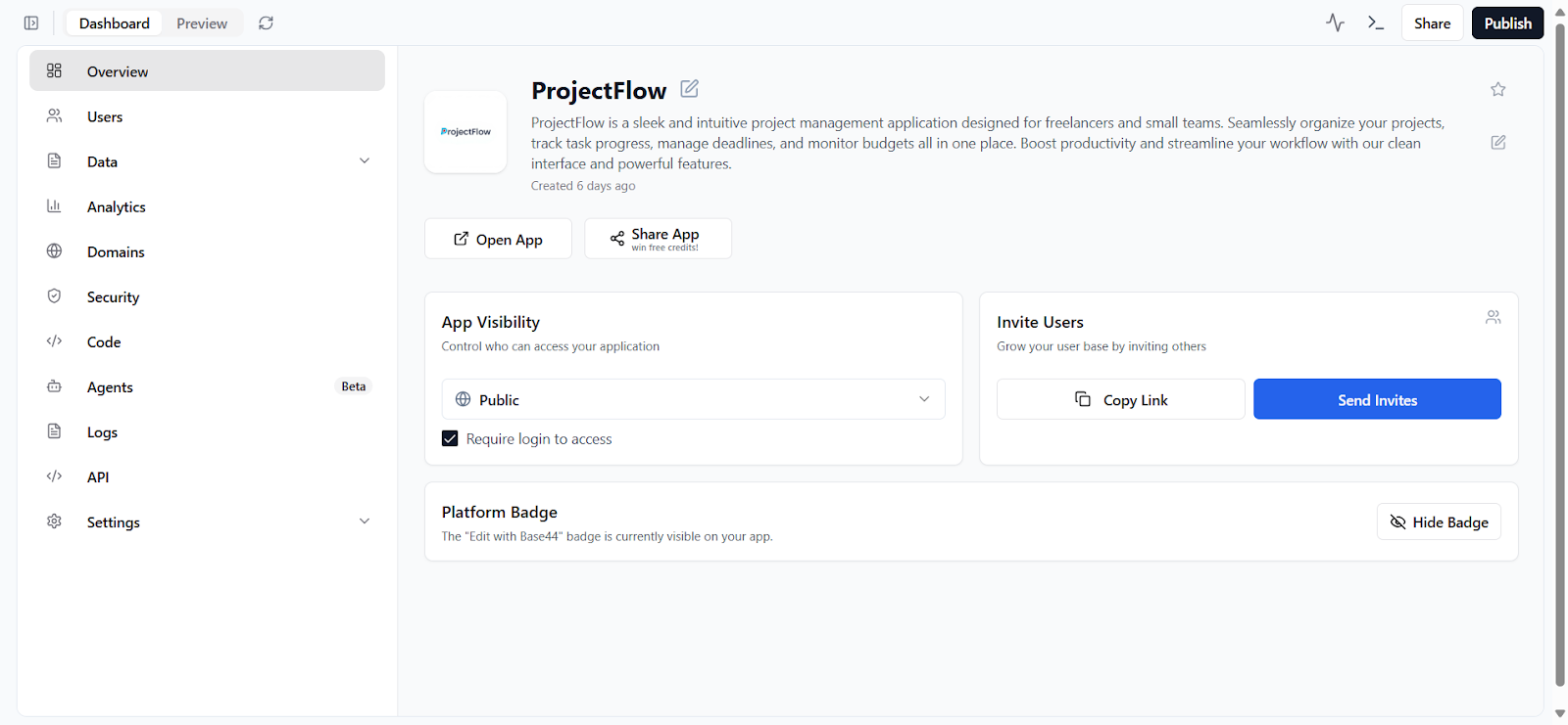 Base44 backend dashboard – models, analytics, domains, security, code, API explorer