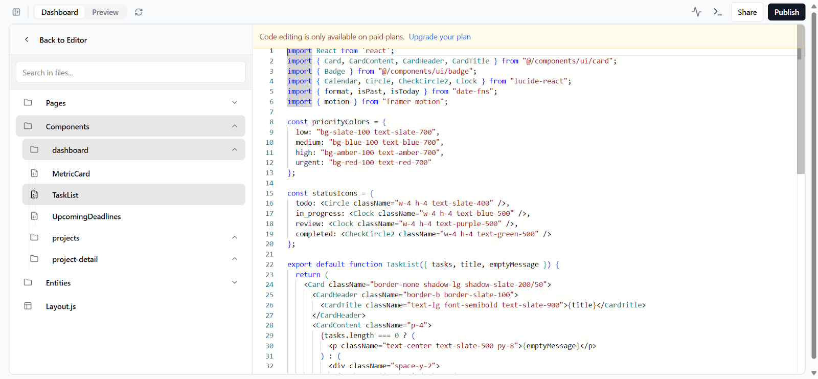 Base44 code view – JavaScript structure across components and pages