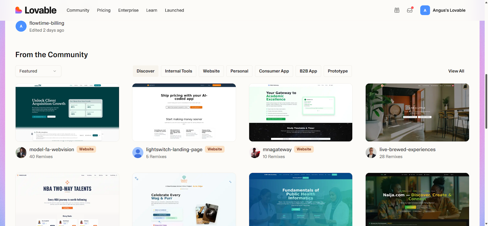Lovable dashboard – community projects and prompt-focused start