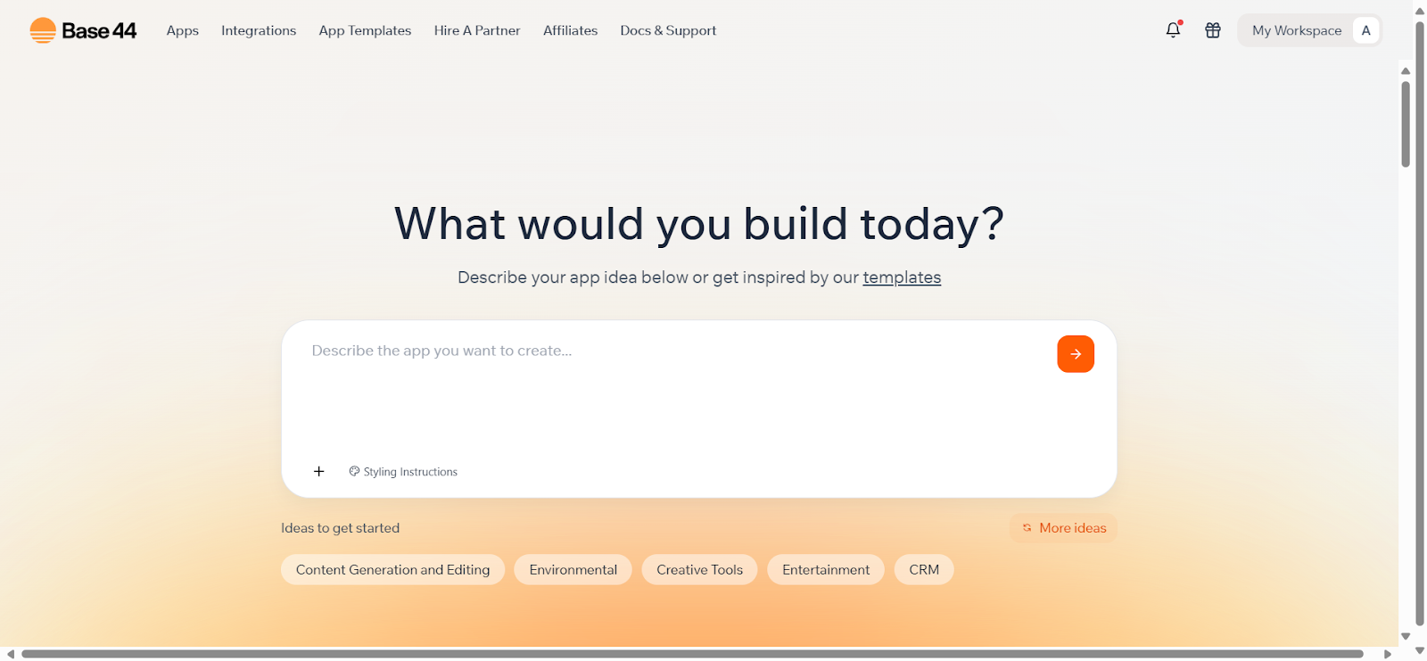 Base44 dashboard – focused input and clear top navigation