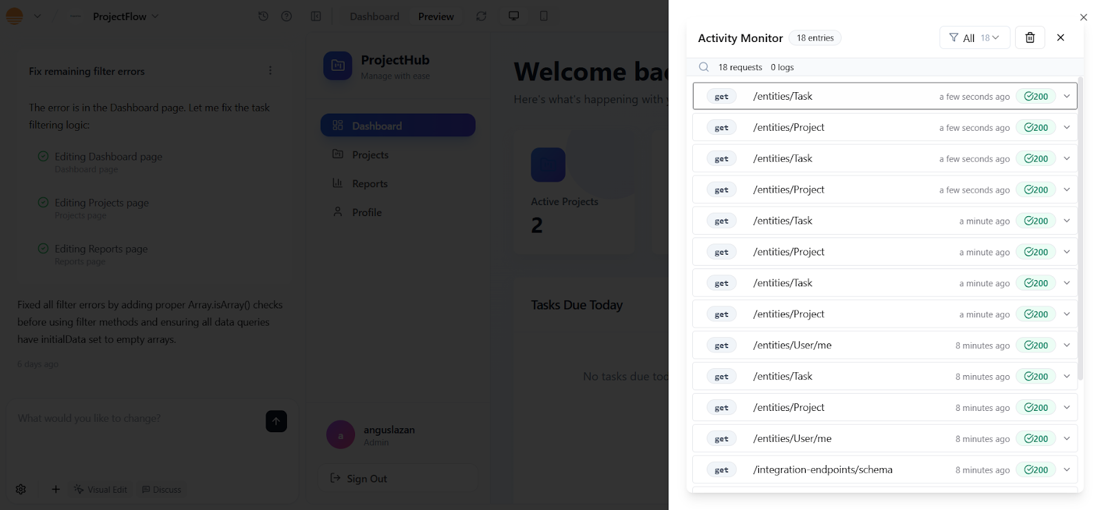 Base44 activity log – transparent build steps for user learning