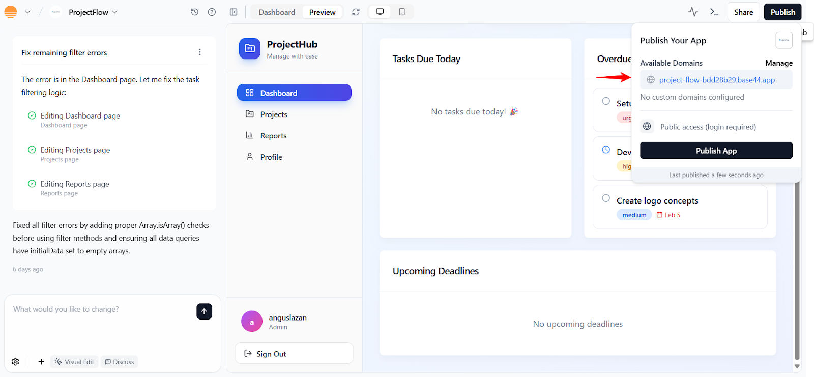 Base44 publishing – instant live link on base44.app subdomain
