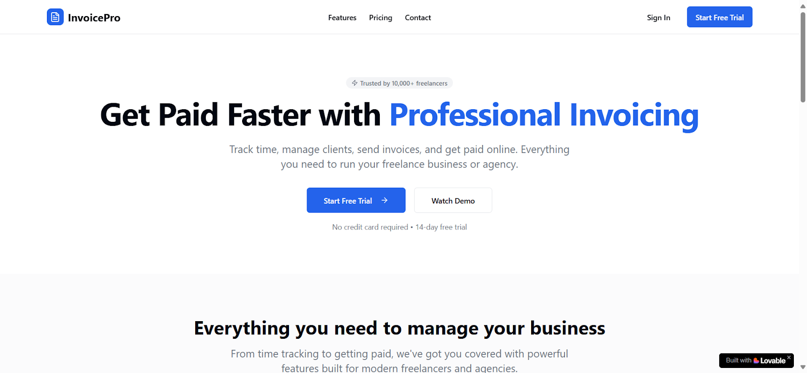Lovable 'InvoicePro' landing – SaaS layout with pricing tiers and feature cards