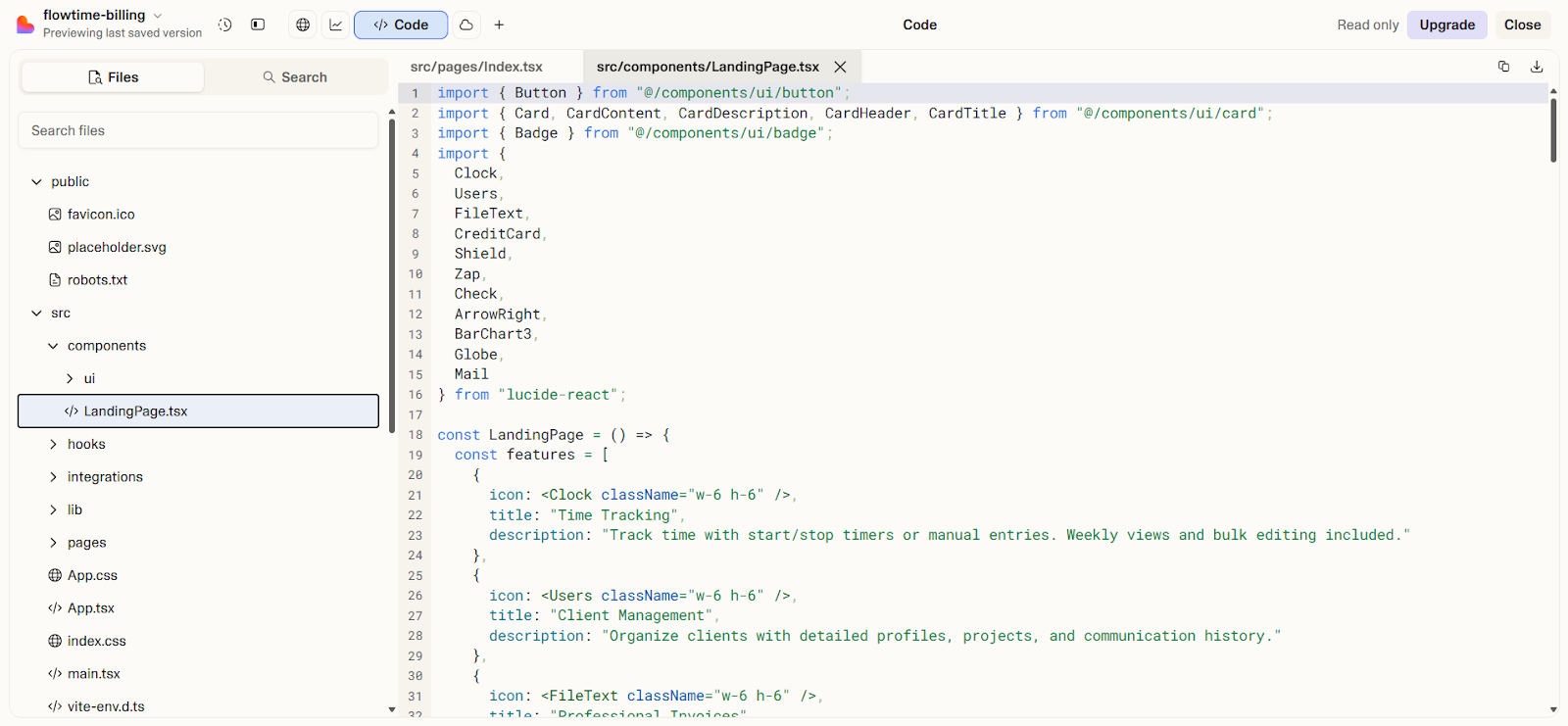 Lovable code view – TypeScript structure with components, hooks, pages, Tailwind/Vite configs