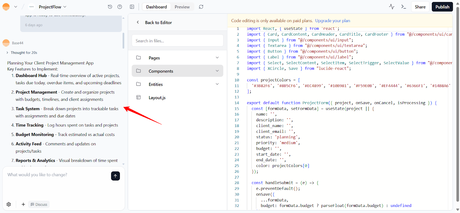 Base44 execution plan – sections, pages, and design language before build