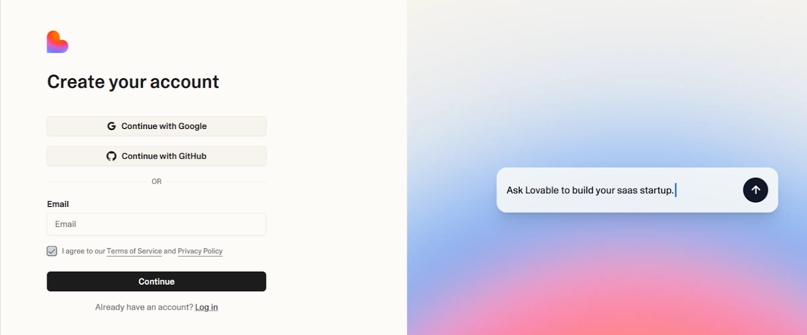 screenshot: lovable registration