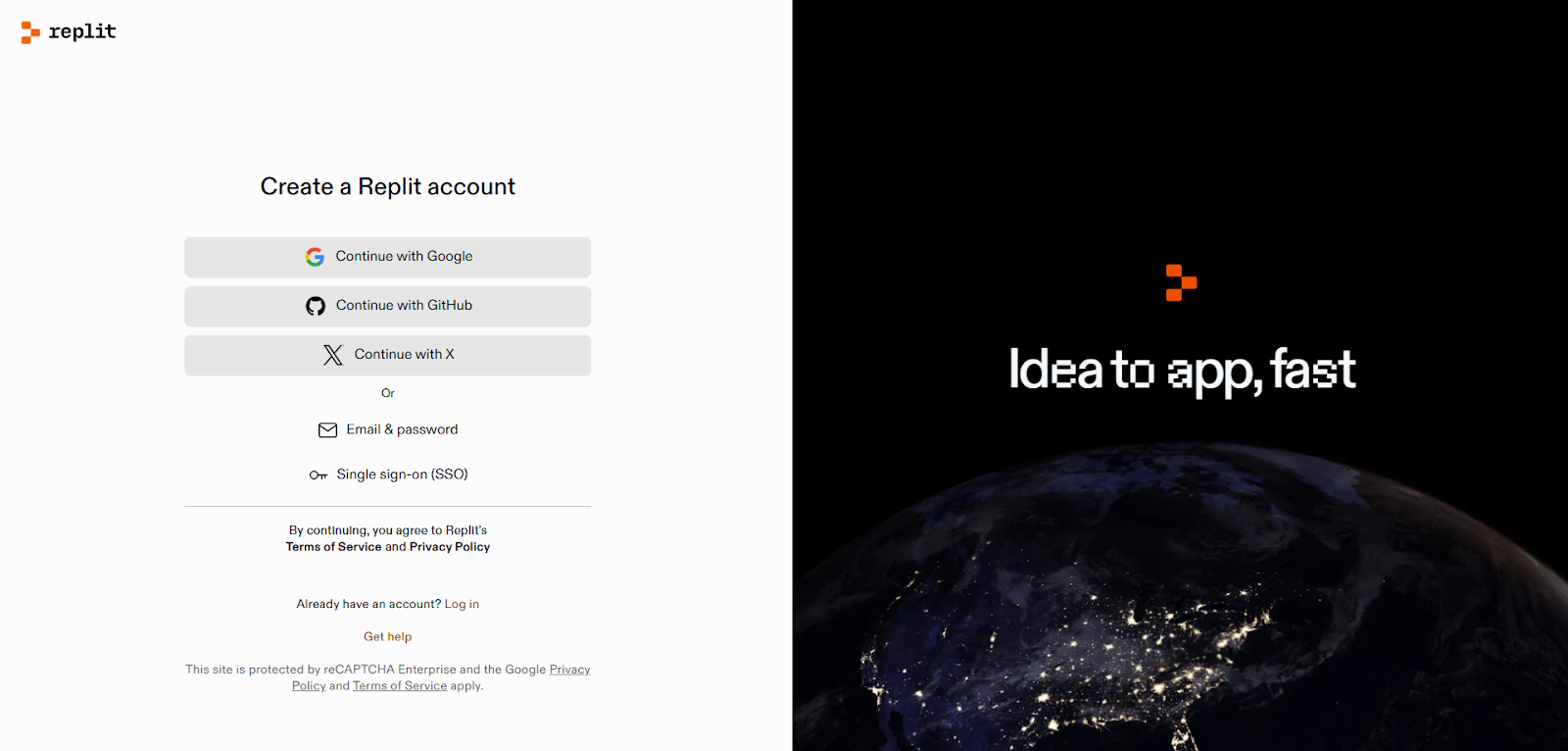 screenshot: replit sign-in options