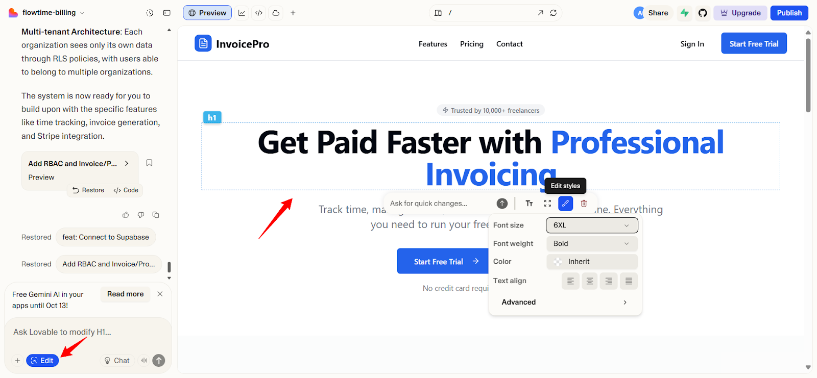 screenshot: lovable visual editor