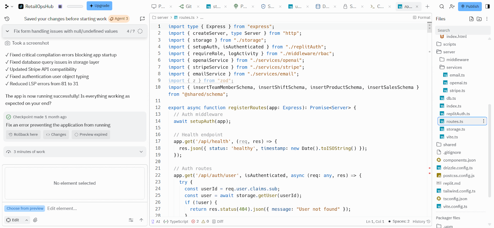 screenshot: replit IDE code editing