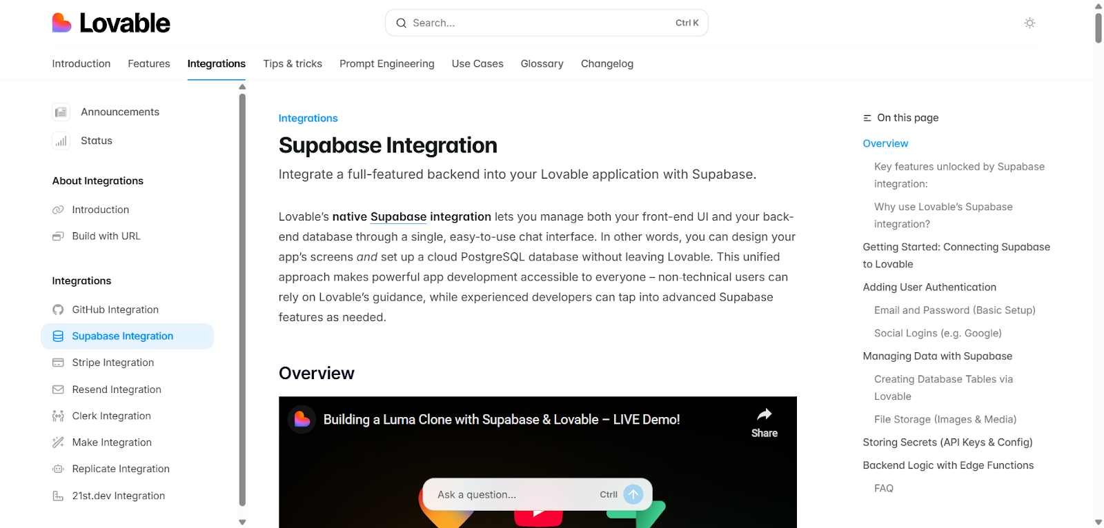 screenshot: lovable documentation and guides