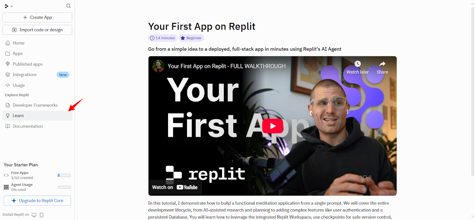 screenshot: replit learn resources