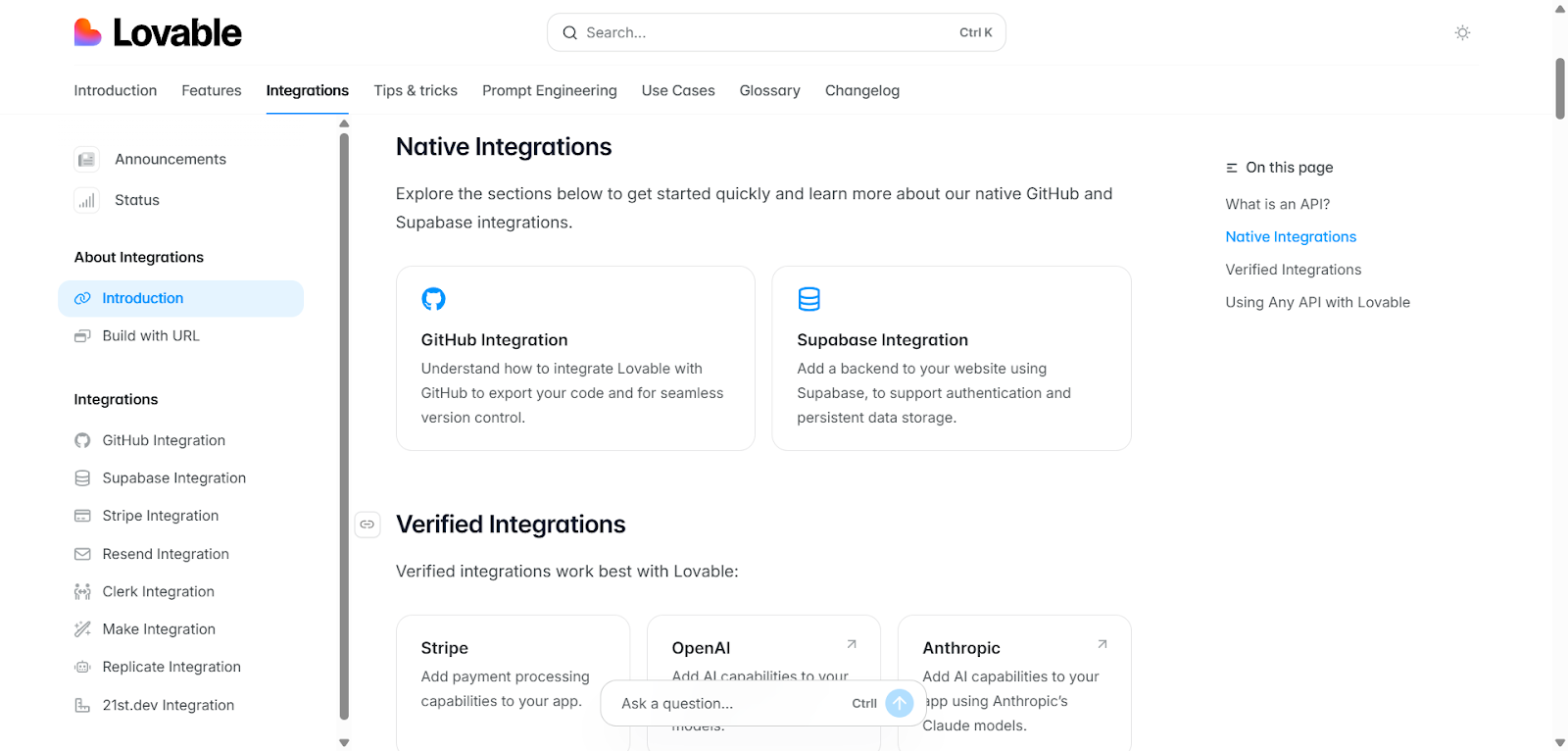 screenshot: lovable integrations list