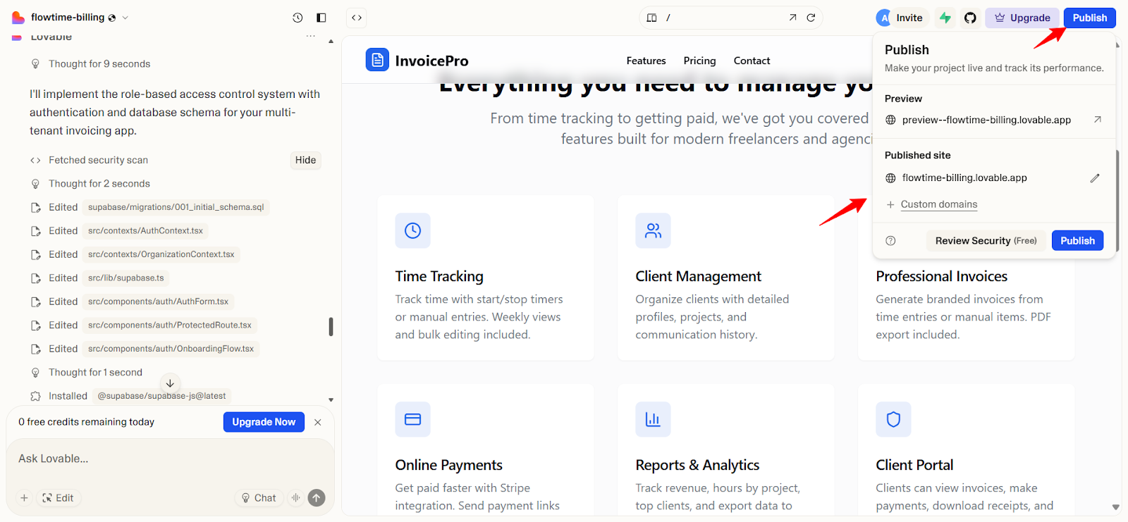 screenshot: lovable deployment options