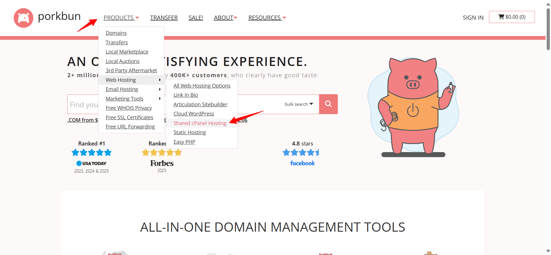screenshot of the Shared cPanel Hosting button