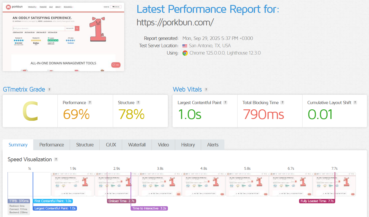screenshot of Porkbun Performance results