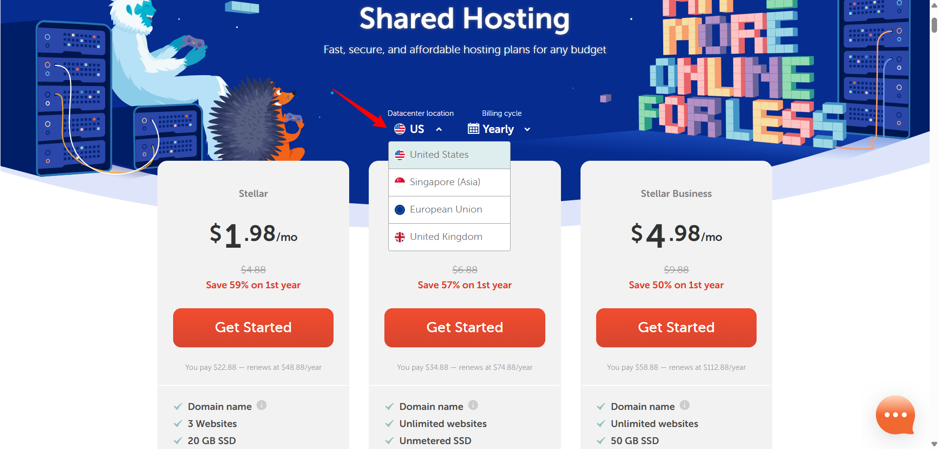 screenshot of Namecheap Datacenter locations