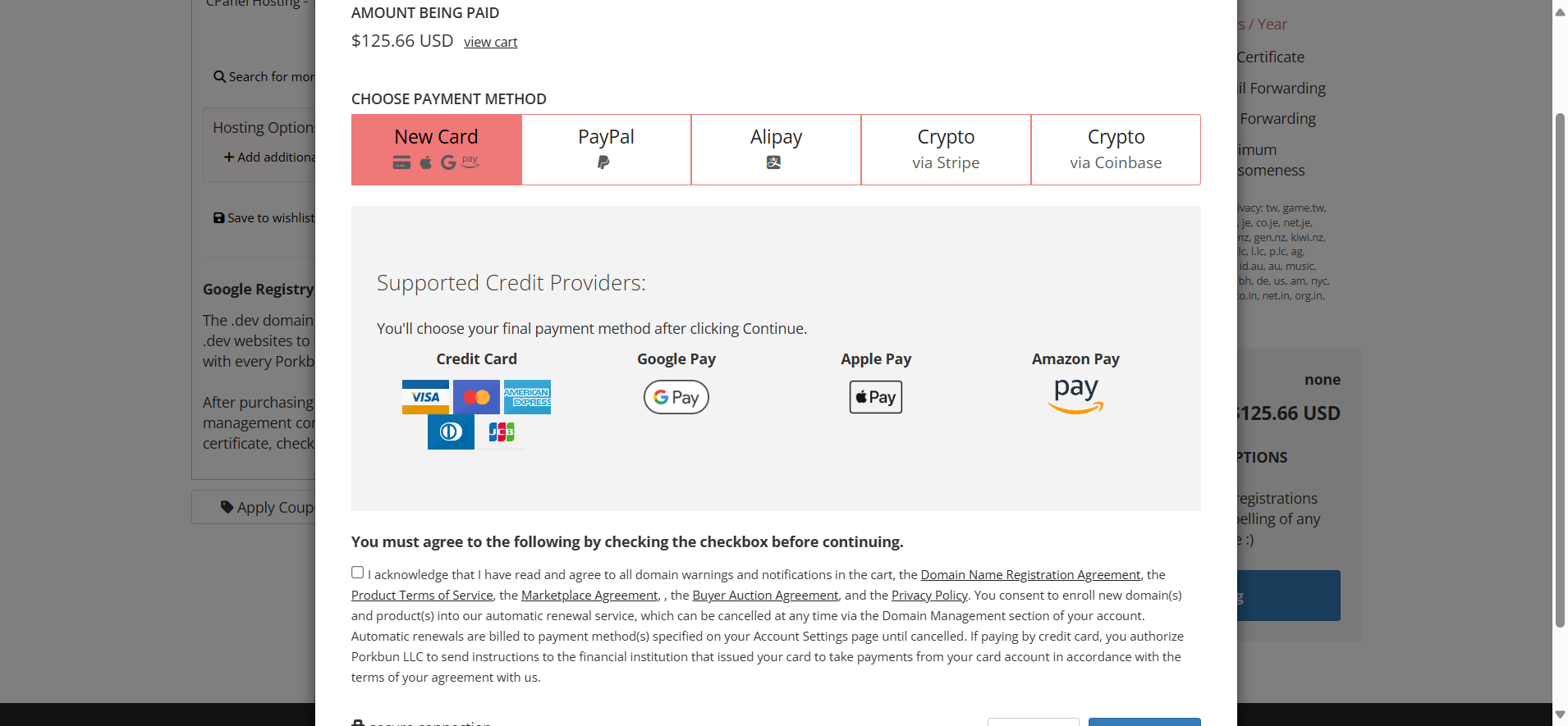 screenshot of the Porkbun's payment methods