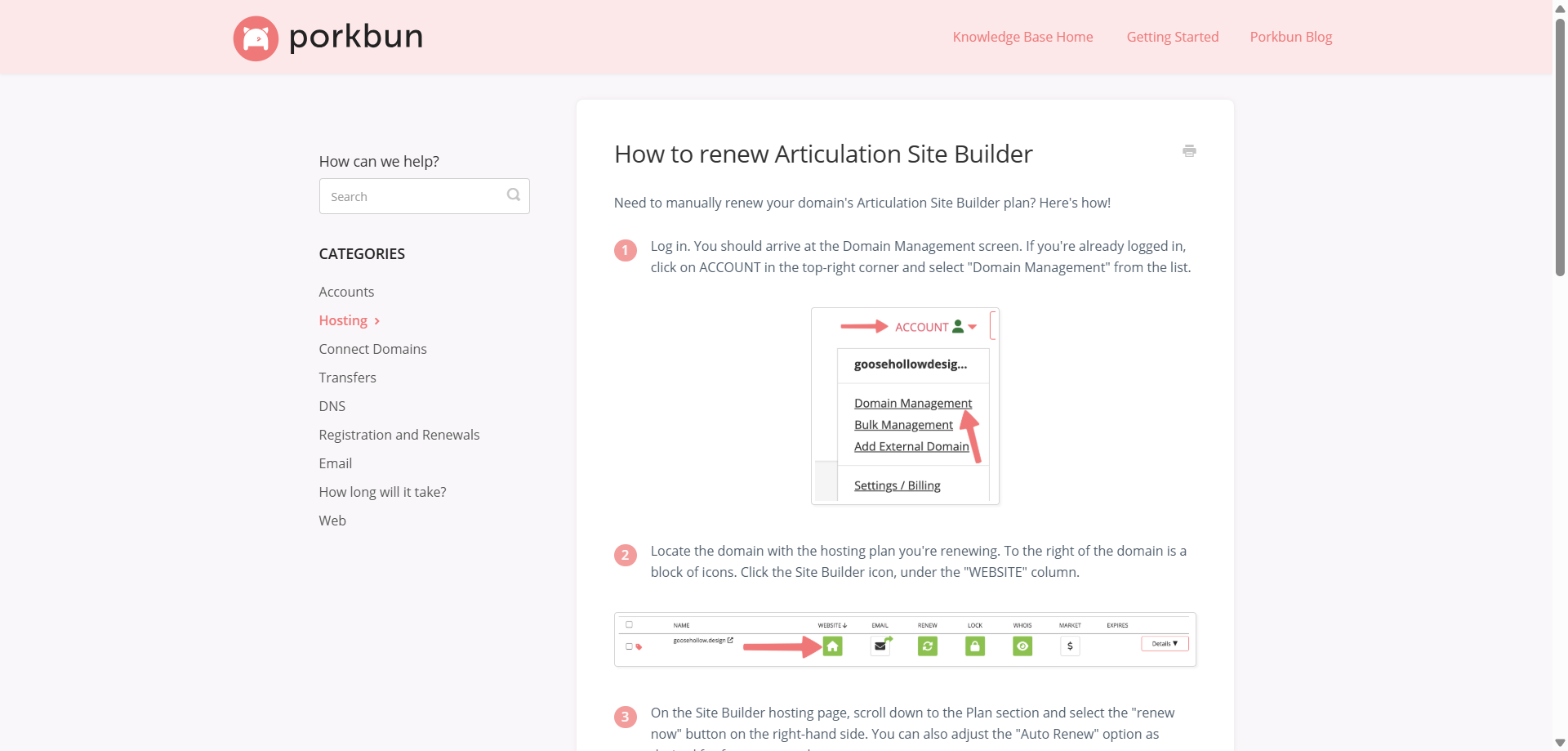 screenshot of Porkbun Help article