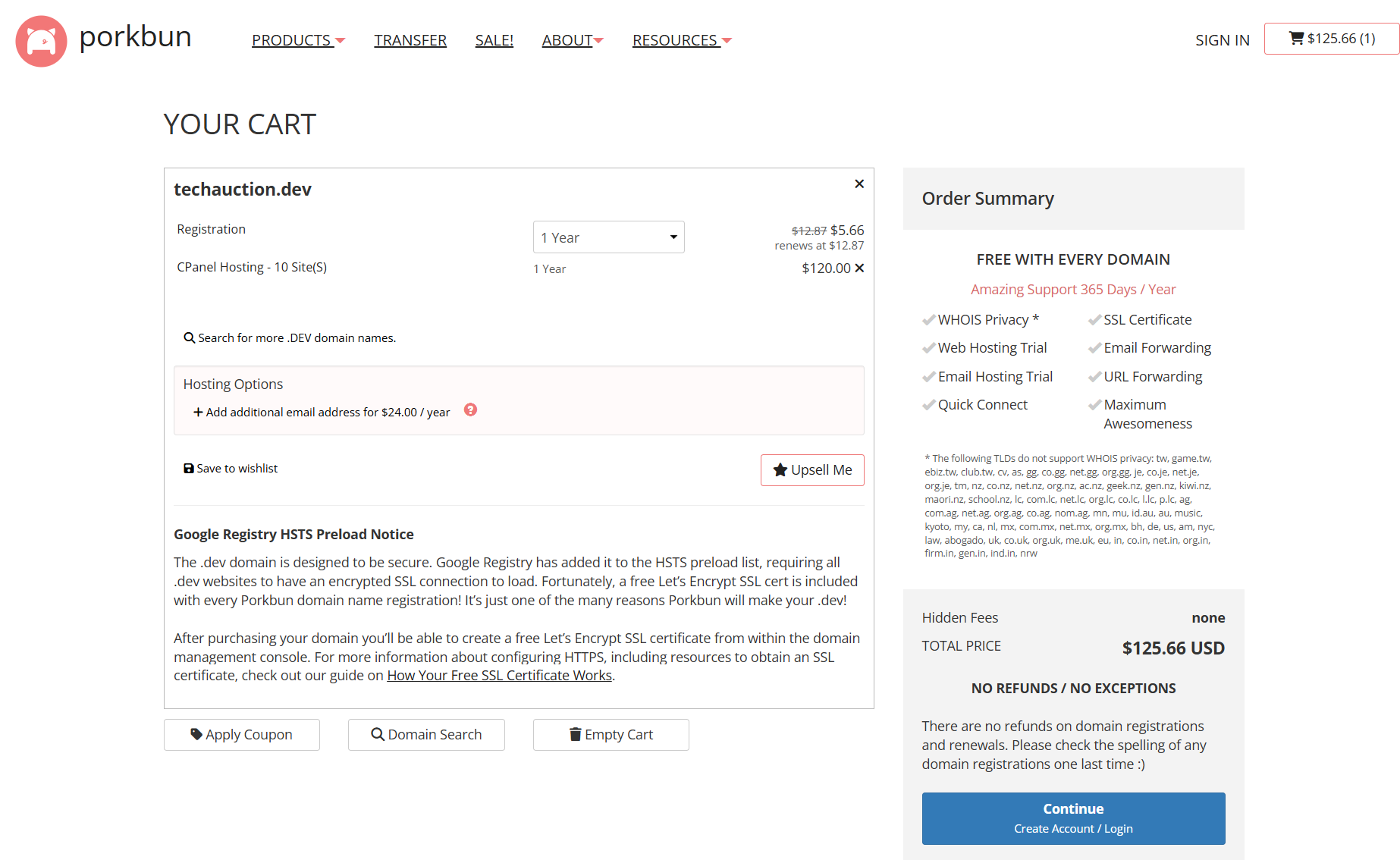 screenshot of the Porkbun's cart