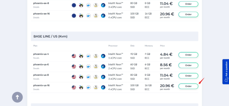 Screenshot of FASTVPS pricing page highlighting phoenix-us-16 plan