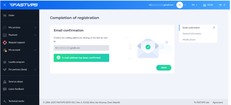 Screenshot of FASTVPS registration completion step for email confirmation