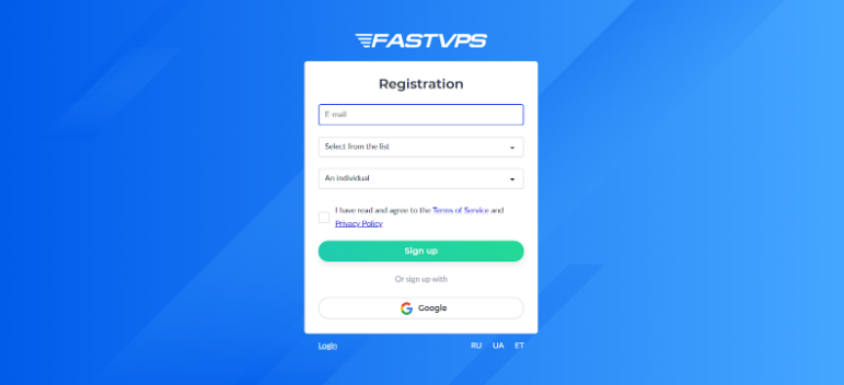 Screenshot of FASTVPS registration page after clicking Order