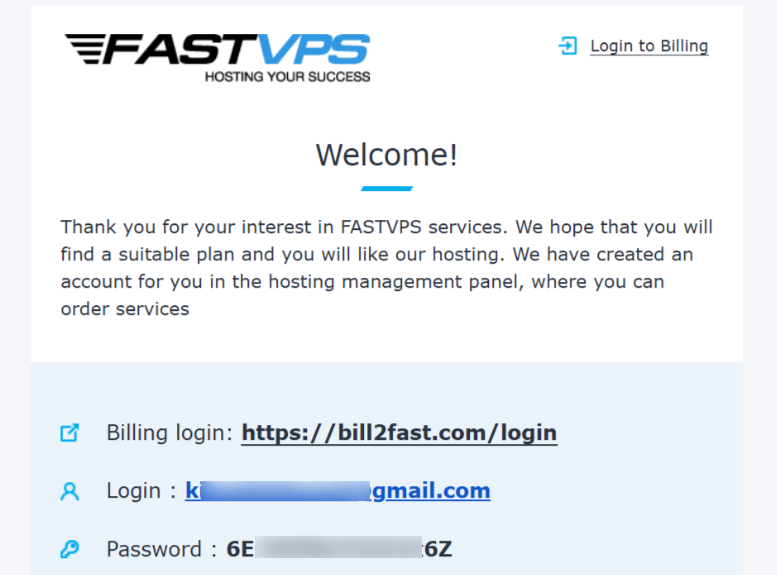 Screenshot of FASTVPS welcome email with login credentials