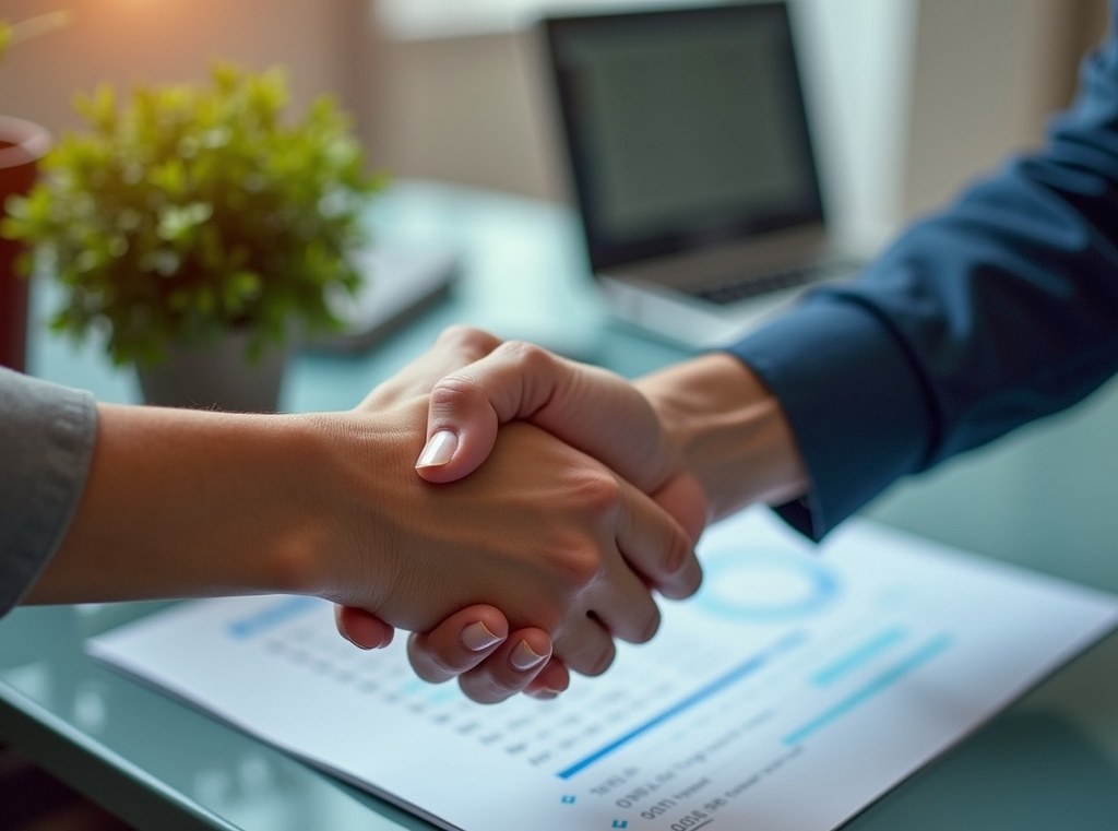 A business owner and an accessibility consultant shake hands over a desk with a completed VPAT on a laptop.