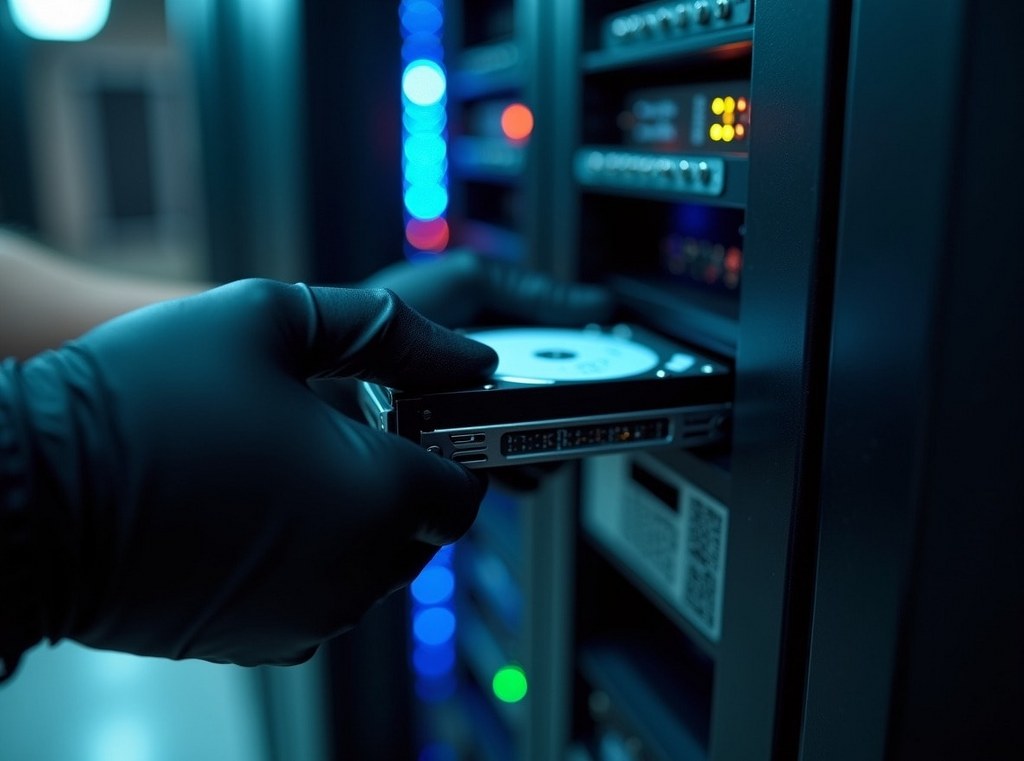 A close-up of a technician installing a hot-swappable hard drive into a server for data redundancy.