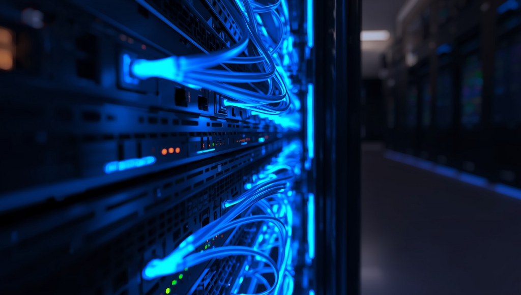 A close-up view of SAN architecture, interconnected storage servers and network switches with fiber cables glowing.