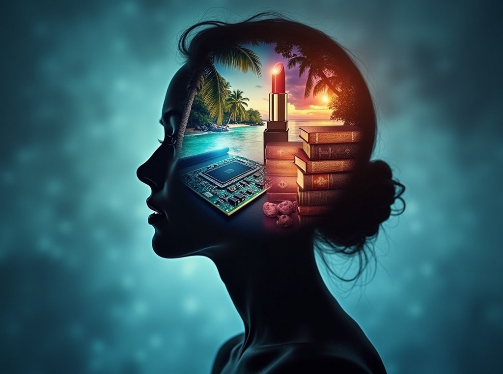 A conceptual image showing a person's head filled with a collage representing popular blog niches like tech and travel.