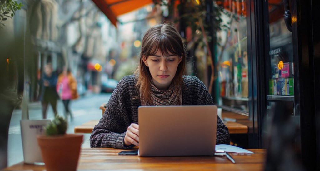 A developer using a laptop outdoors.