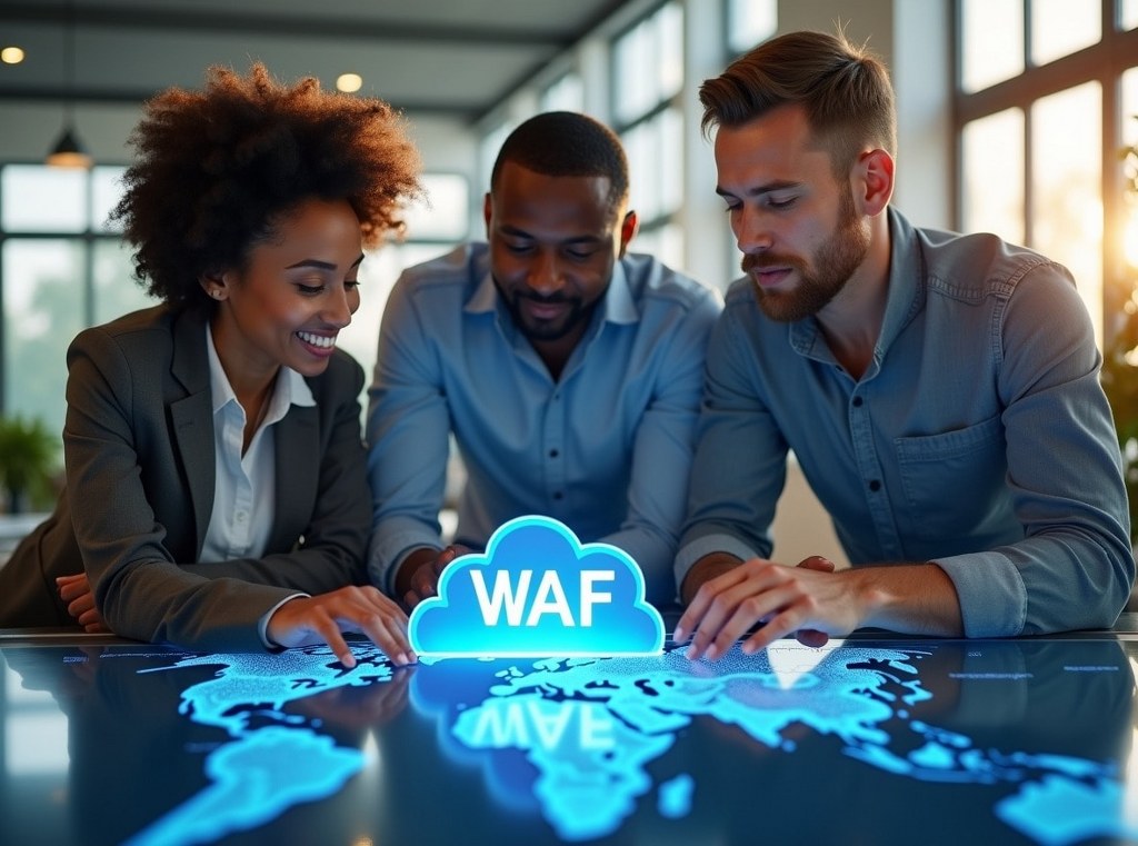 A diverse team of IT professionals easily manages a cloud-based WAF on a large touchscreen interface.