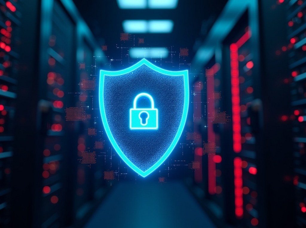 A glowing digital shield protects a server from incoming cyber threats, illustrating the enhanced security of a private cloud.