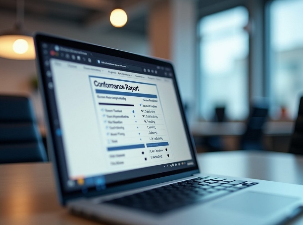 A laptop screen displays an Conformance Report