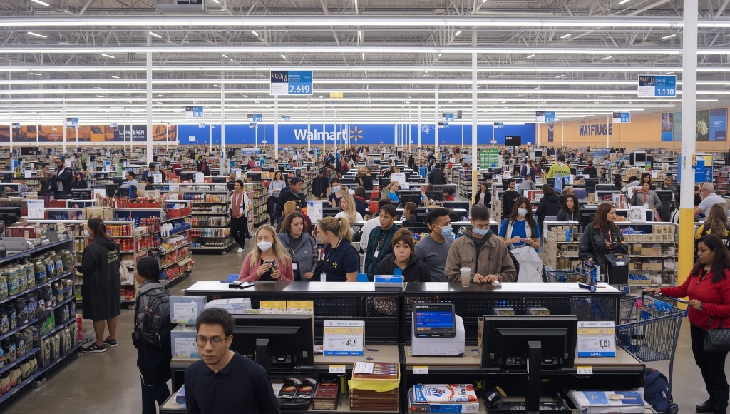 A large retail space with a high ceiling, the Walmart store inside is filled with numerous shelves.