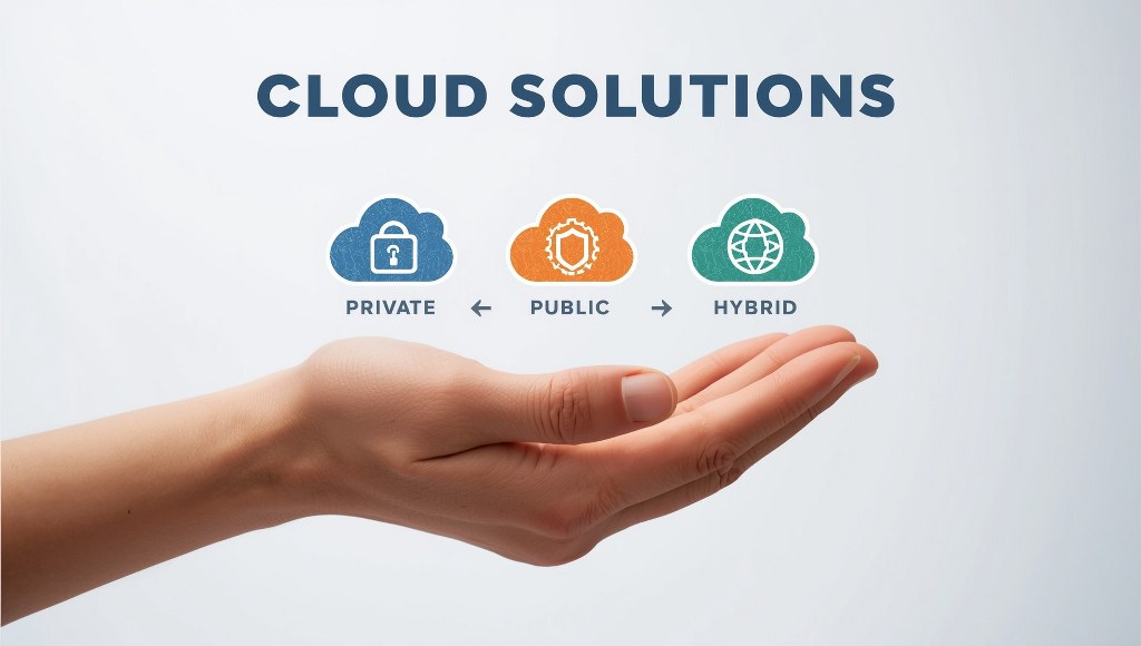 A large, stylized hand with visible fingers and a gentle grasp is presenting three distinct cloud solutions.