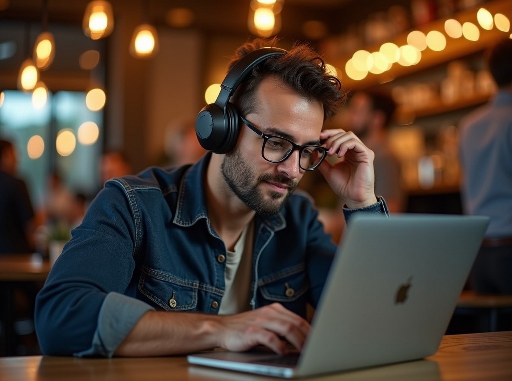 A man testing noise-canceling headphones in a busy cafe as part of his hands-on product review process.