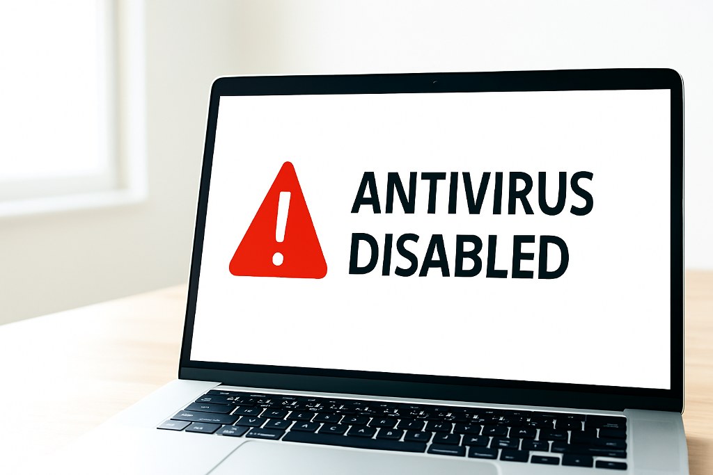 A message saying antivirus disabled on a laptop.