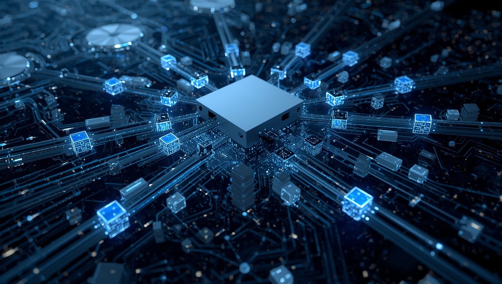A multiple data pathways branching from a central storage unit.