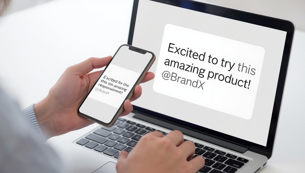 A person creating a social media post on a laptop or smartphone. The post includes the text