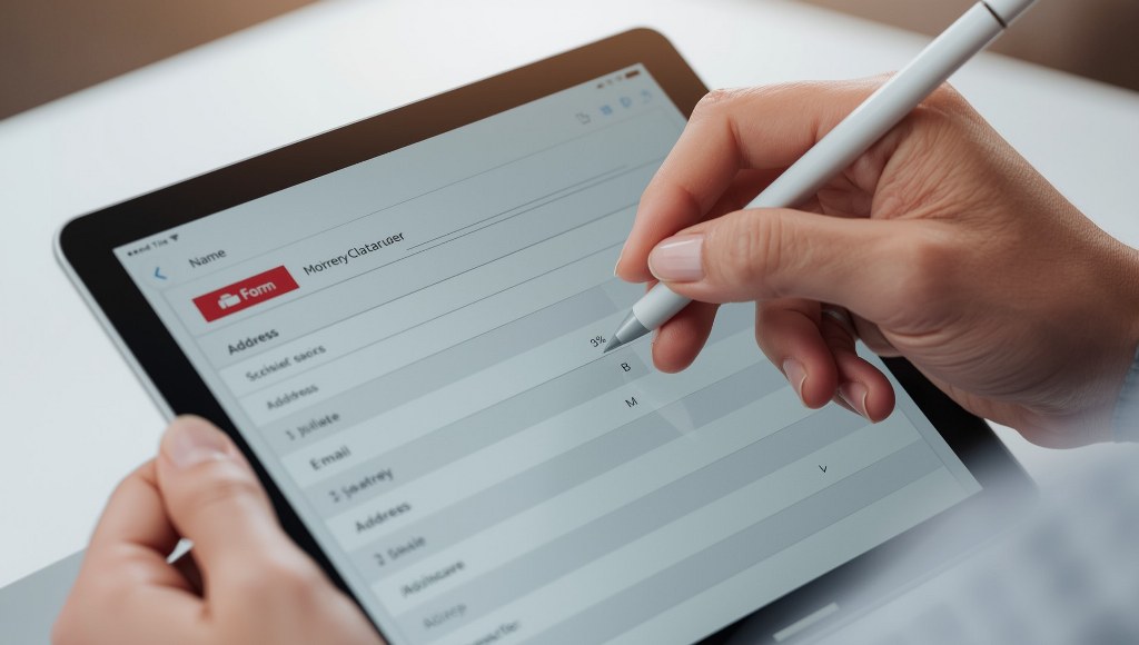 A person filling out a digital form on a tablet.