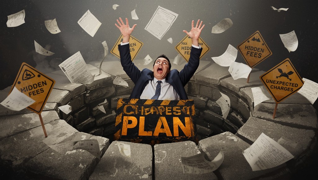 A person literally falling into a trap labeled ‘Cheapest Plan’.