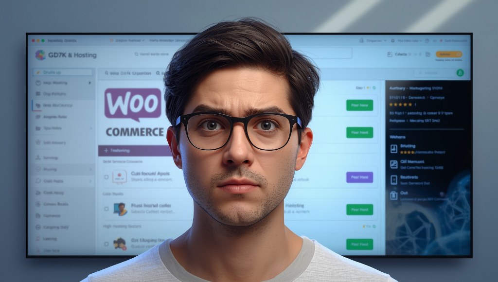 A person standing in front of a large digital screen or holographic display, comparing different web hosting providers.