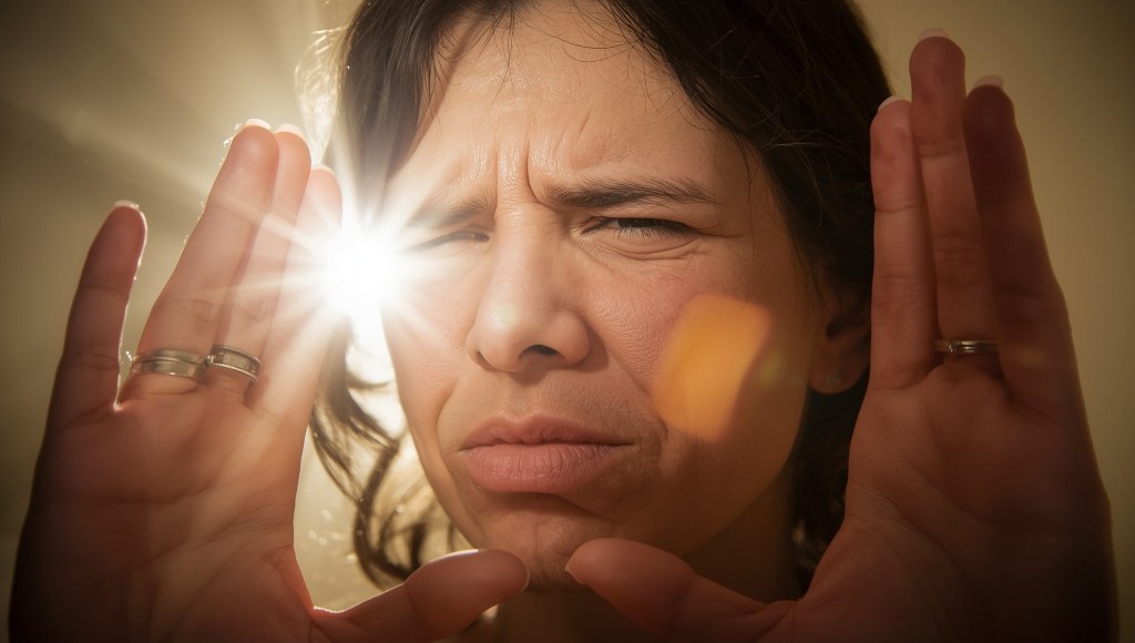 A person with photosensitivity looking at a beam of light.