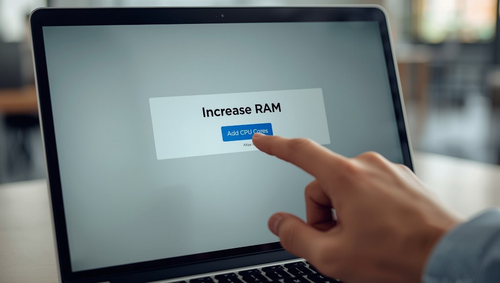 A person’s hand clicking a button on a laptop screen that says “Increase RAM” or “Add CPU Cores.”