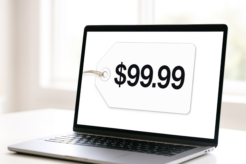 A price tag on a laptop monitor.