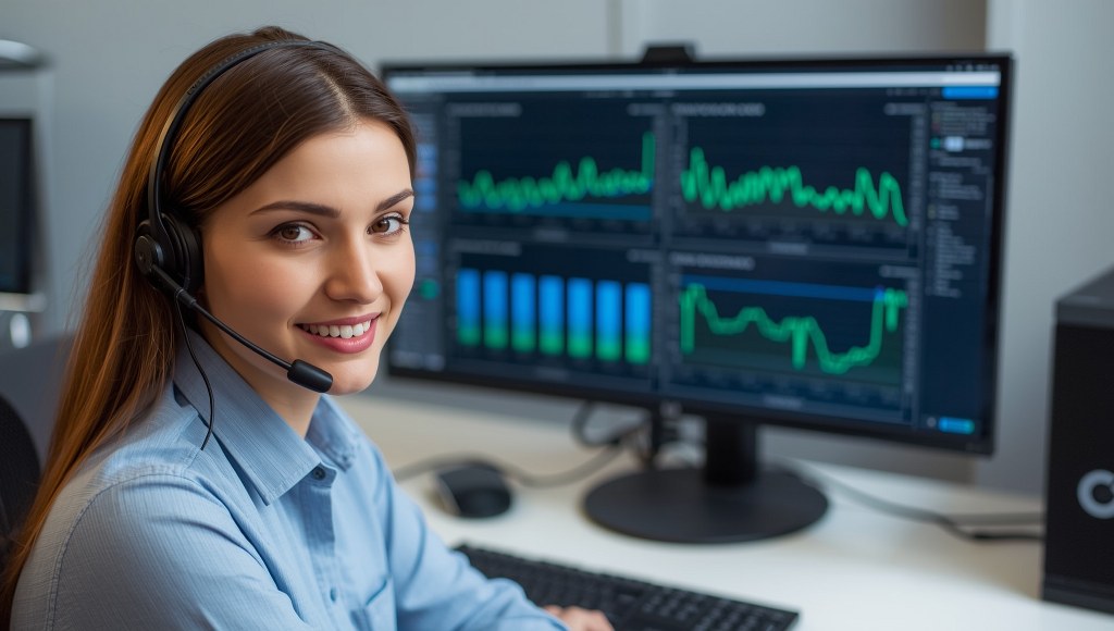 A professional IT support agent wearing a headset.