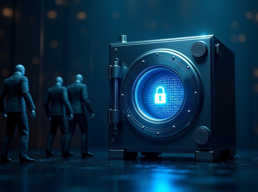 A secure digital vault protected by a shimmering forcefield illustrates how a WAF prevents data breaches.