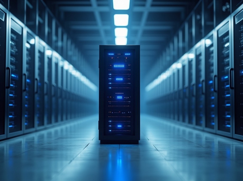 A single, powerful dedicated server rack standing alone in a clean, modern data center.